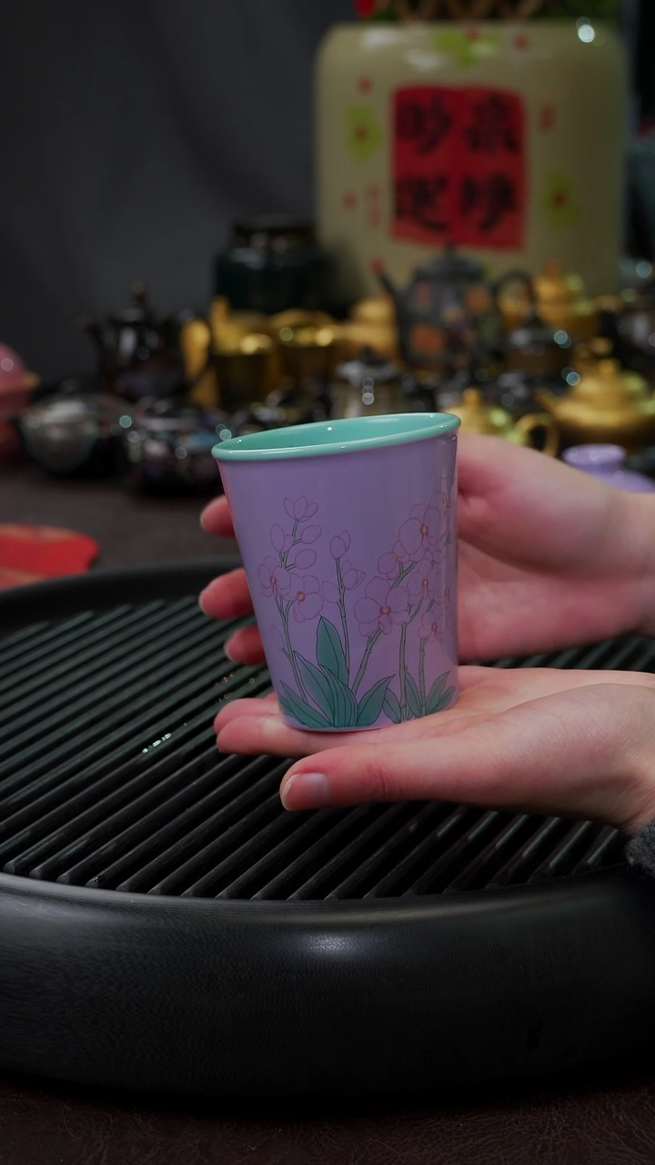 【闪购商品】杯【宜景窑桃烟幕紫】手绘蝴蝶兰可乐杯