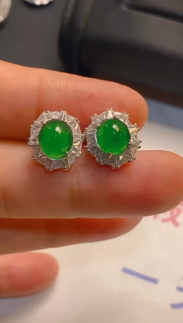 翡翠银S925镶嵌耳饰天然