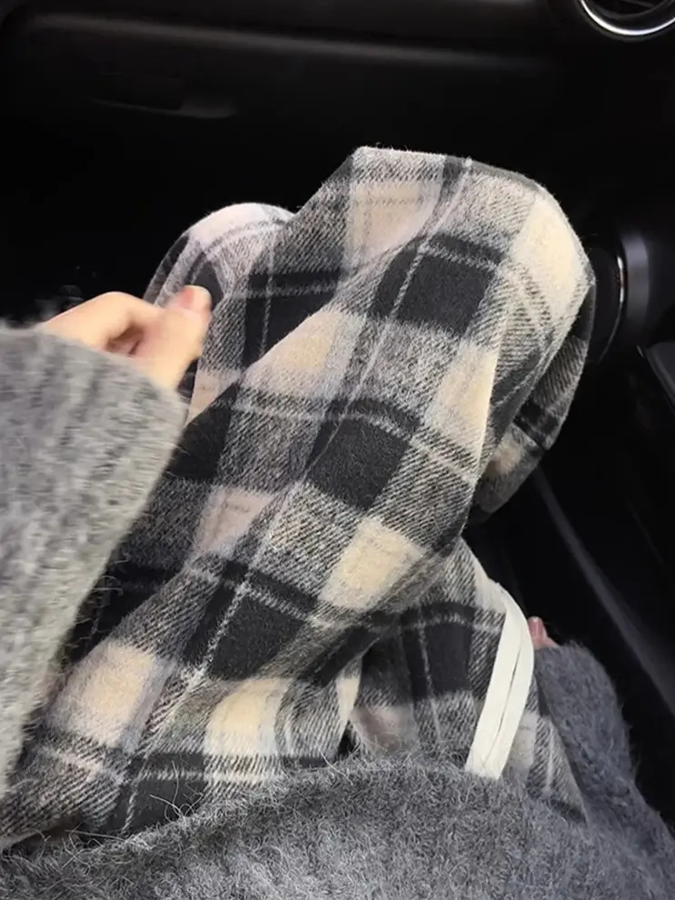 2025新款显瘦复古黑杏毛呢格子加绒厚直筒阔腿软糯舒适老爹裤