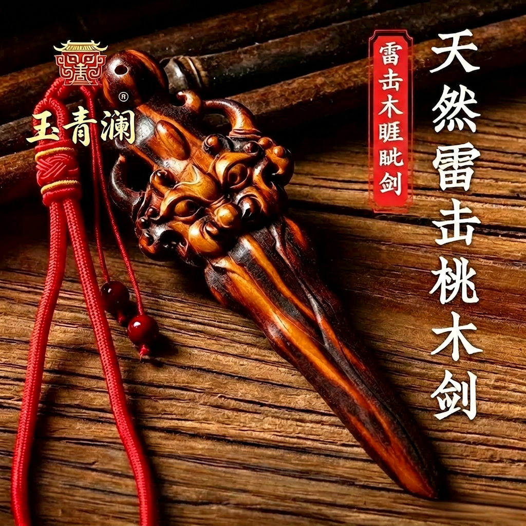 【爆品】手工睚眦吊坠木雷电击桃木剑挂件手把件平安挂饰摆件