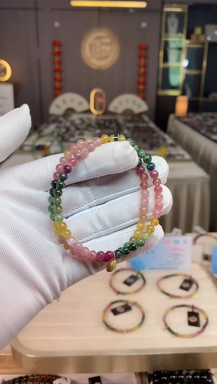 未镶嵌老矿碧玺彩虹单圈手串4mm+碧玺xion多样性发一条