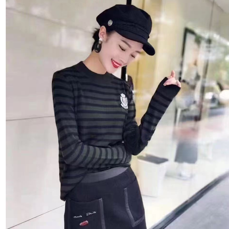 不支持退换/慵懒风条纹修身型针织衫套头保暖1399169