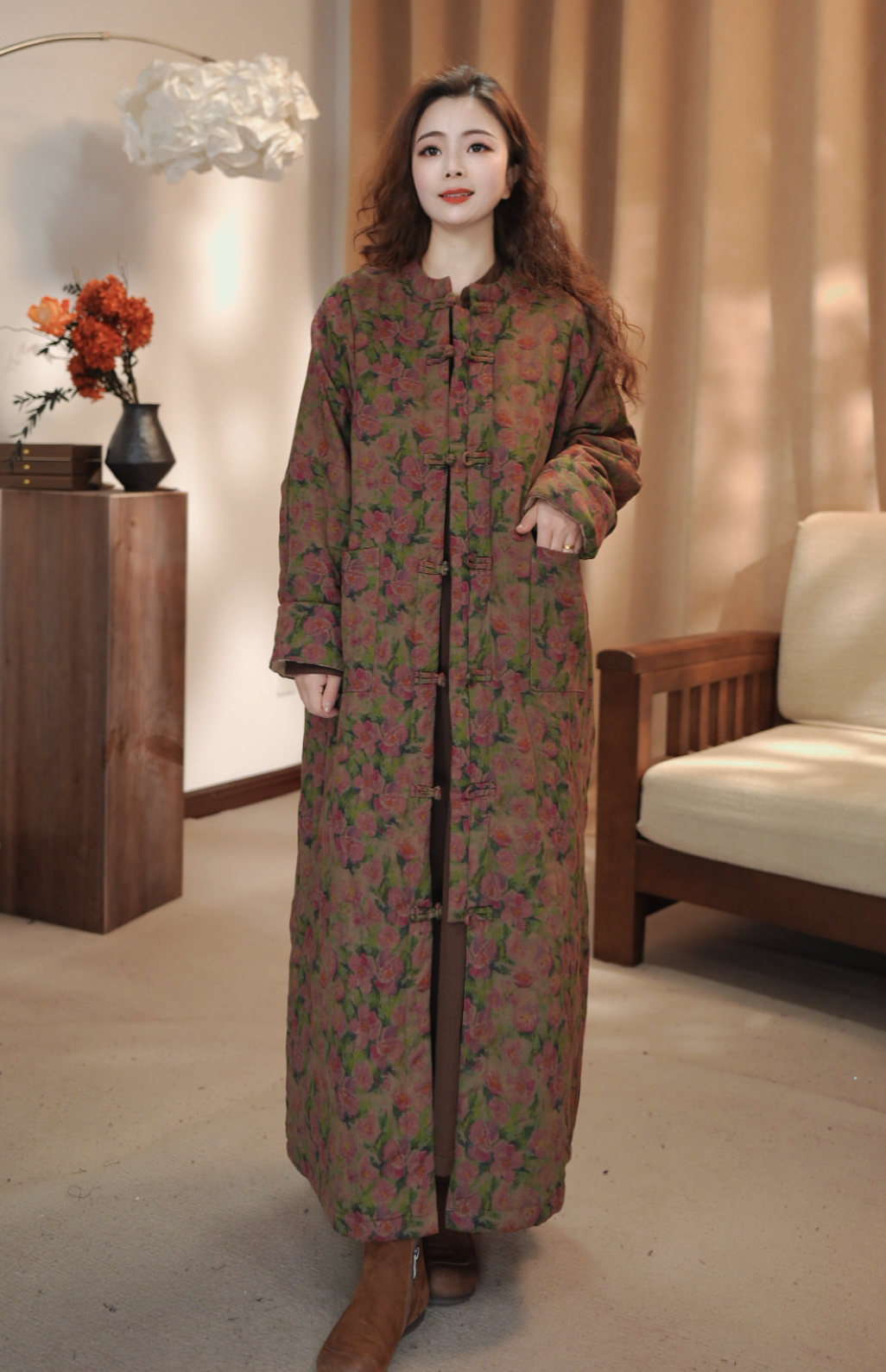 长款气质时尚印花立领女棉服中式花色棉衣保暖6067