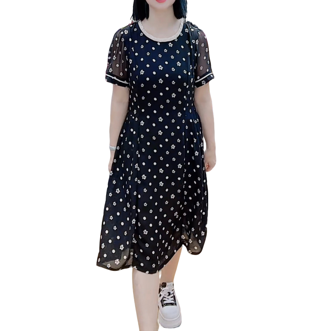【洋玉服饰】时尚洋气夏季新品轻奢花边圆领薄款波点小花过膝连衣裙