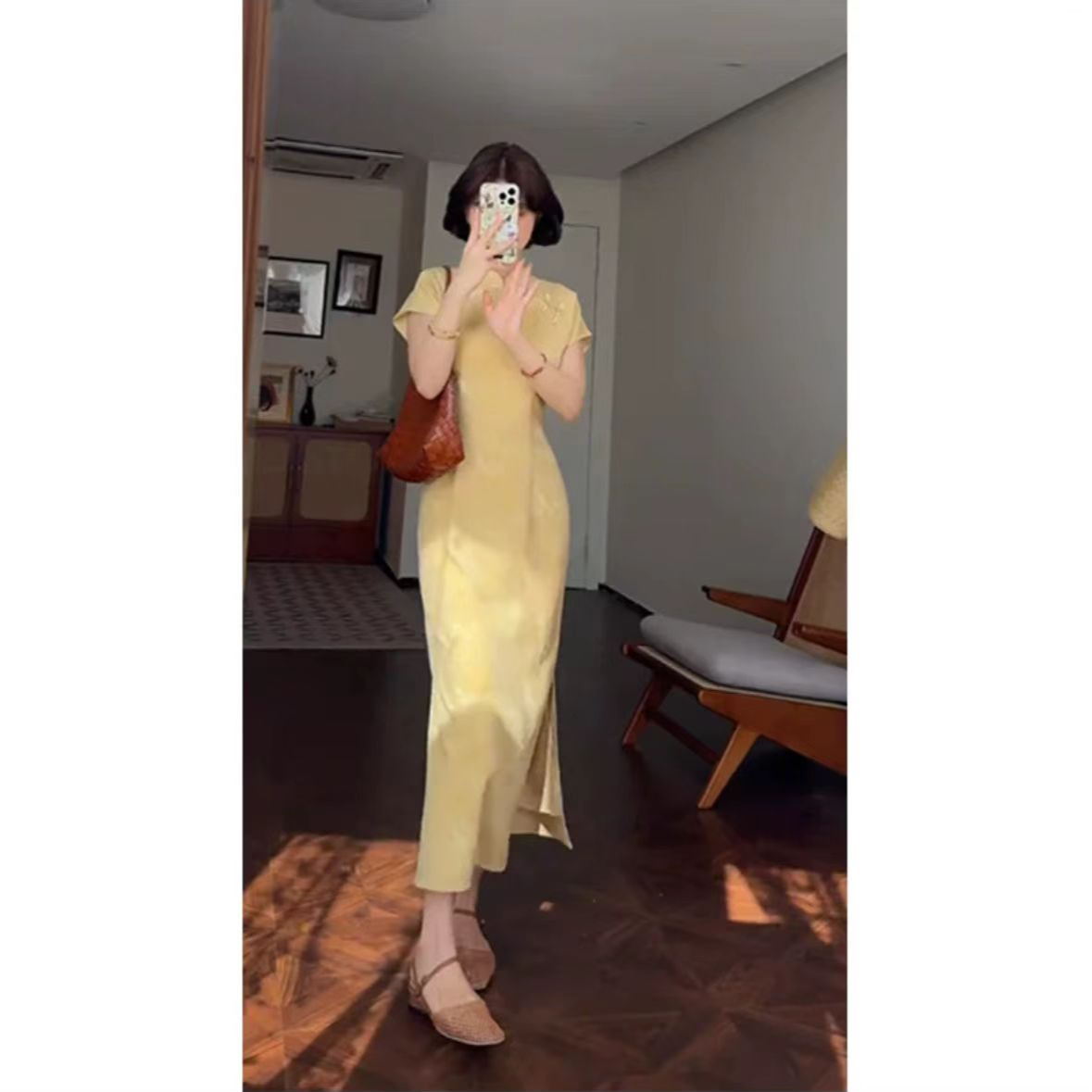 395-黄色  连襟袖 蜻蜓 绝美 改良 旗袍 