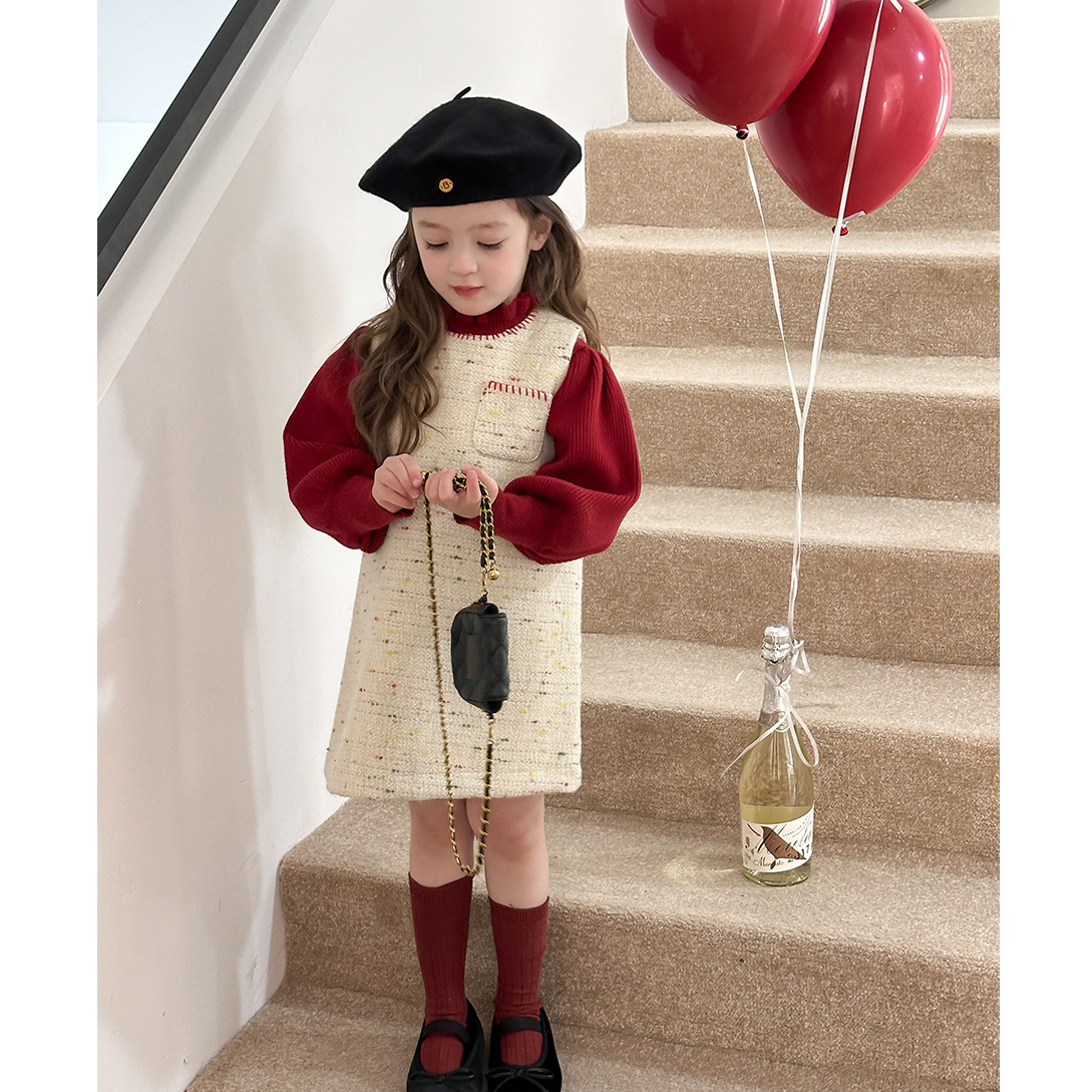 现货【30%羊毛】秋装女童红色拜年裙儿童洋气小香风服背心裙24B017