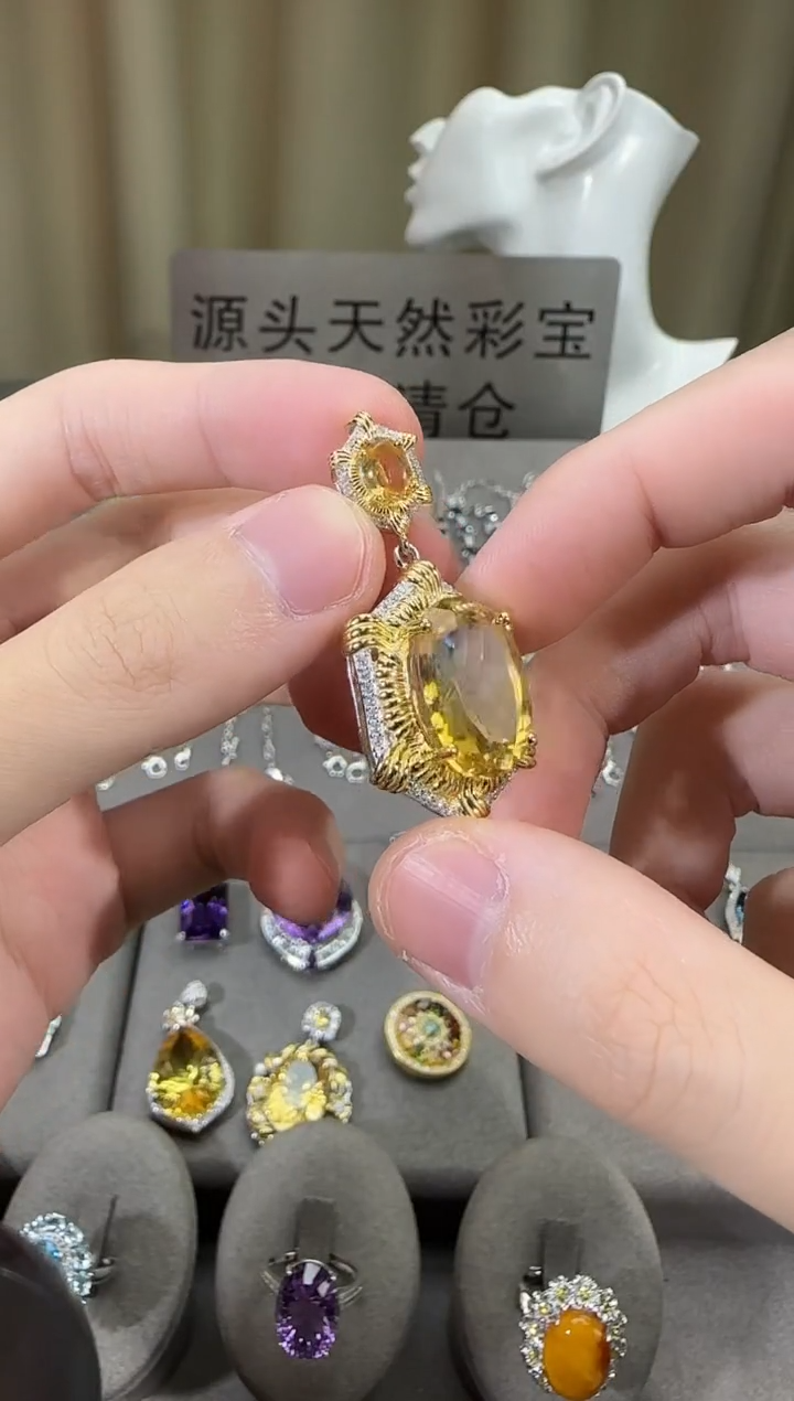 颈饰银S925镶嵌黄晶13*18mm吊坠高级款