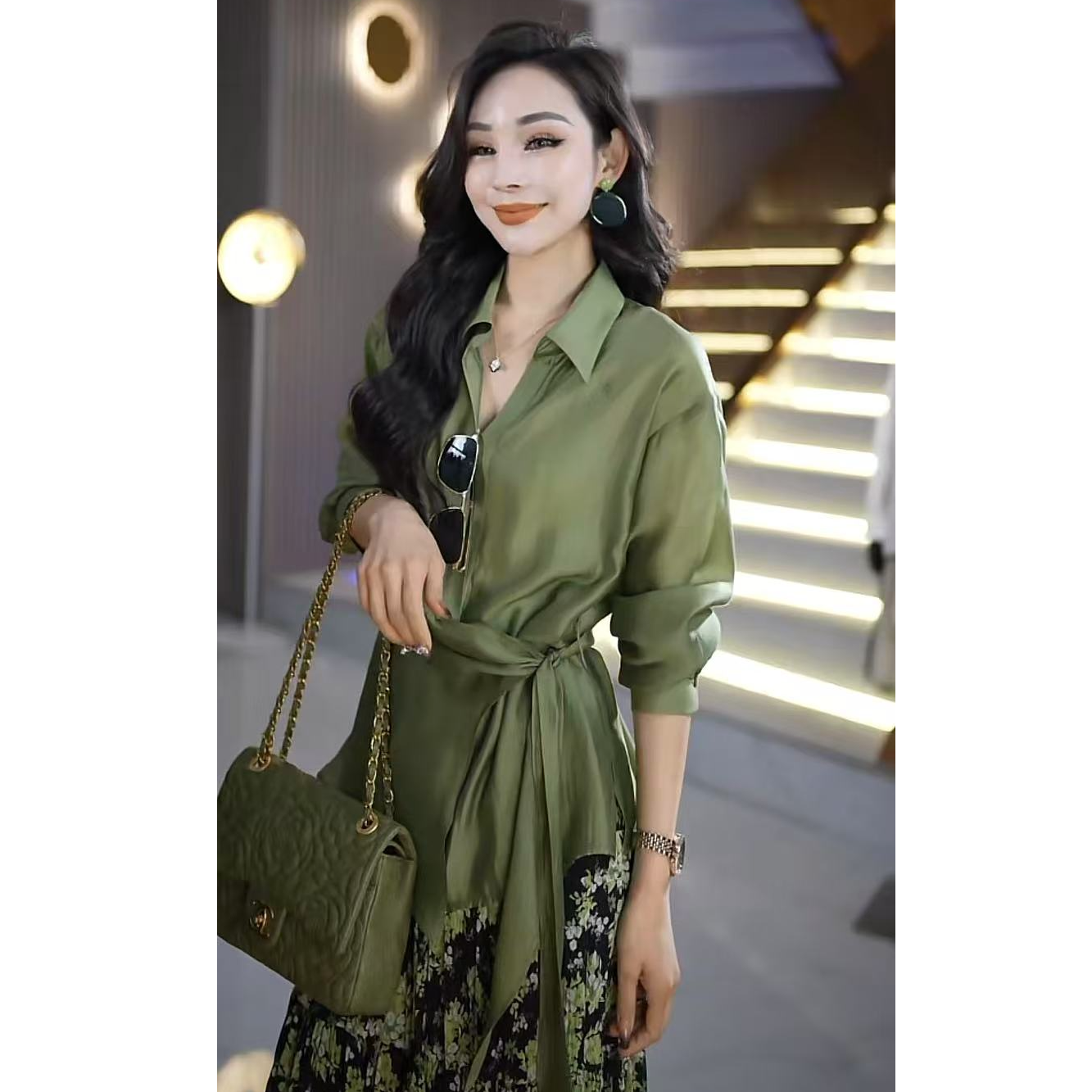 气质时尚百搭醋酸天丝收腰显瘦绑带遮肚子长袖防晒衬衫ML25719C