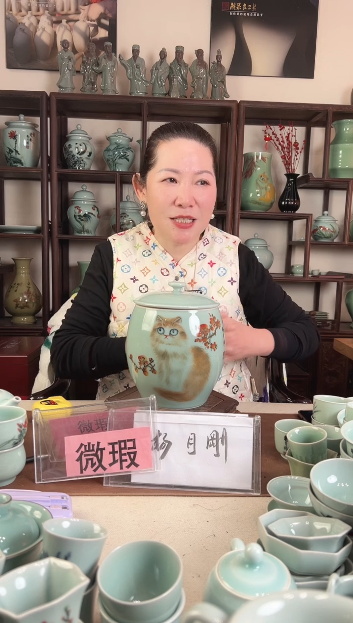 小*儿微瑕 釉中彩 猫画 盖罐