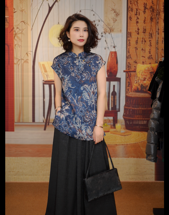 青花配色飞袖女装新中式国风百搭休闲短袖小衫