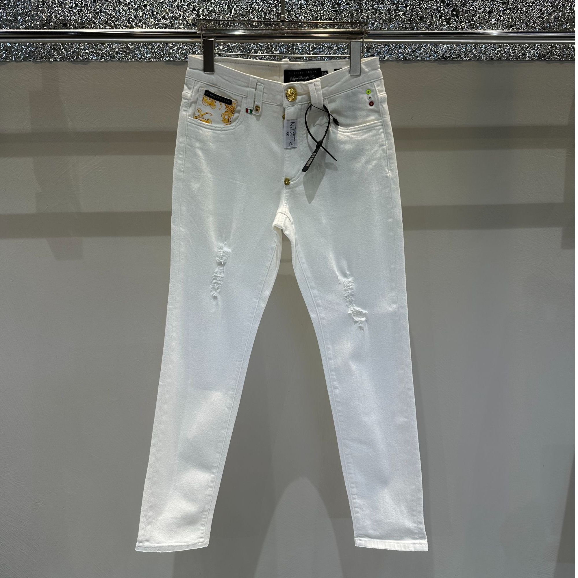 PLIPHPP PLEPN 白色时尚潮流高弹假破修身直筒牛仔裤 9918