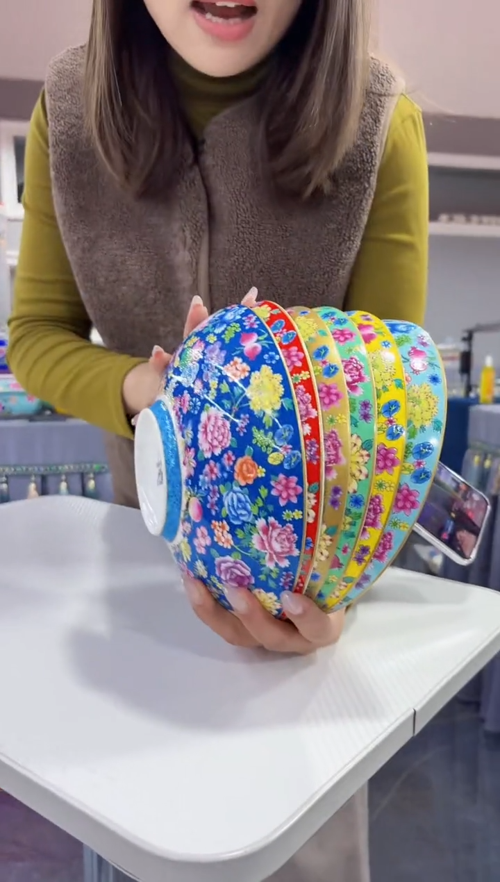 珐琅 8.5英寸元宝盘6个景德镇混色 