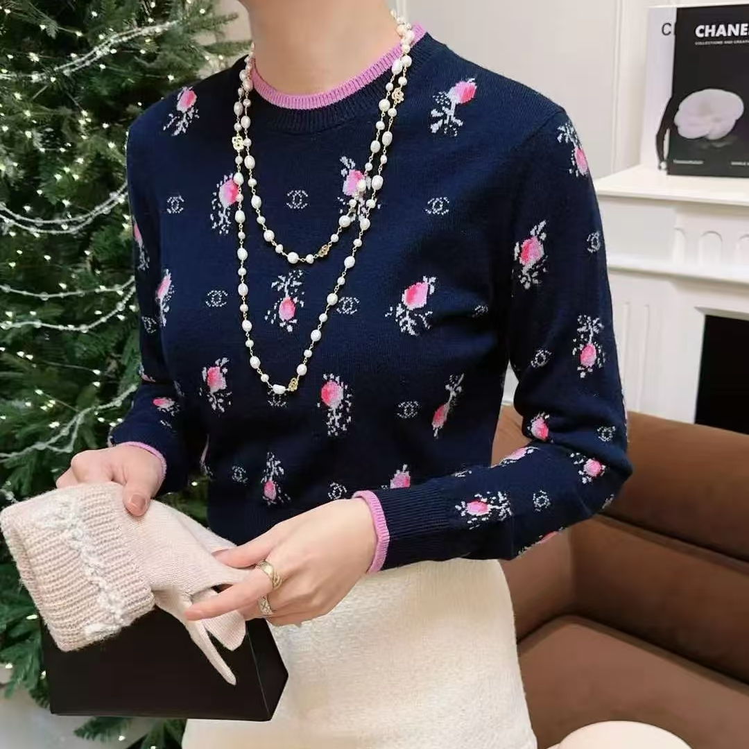 未使用 Chanel/香奈儿 圆领印花长袖针织衫 深蓝色/40