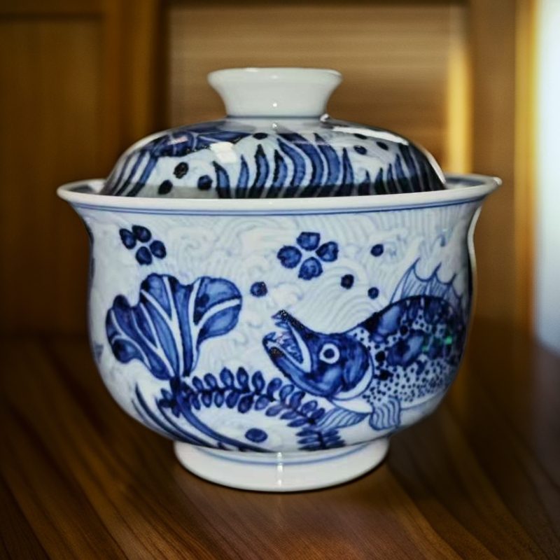 【央广匠心】墨舍柴窑淡海水鱼藻大布袋盖碗 moshe1359陶瓷纯手工