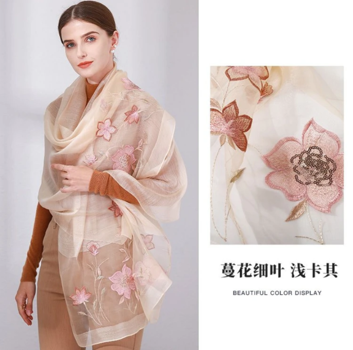 C360 香槟色 蔓花细叶手工亮片桑蚕丝羊毛刺绣丝巾围巾80*200CM