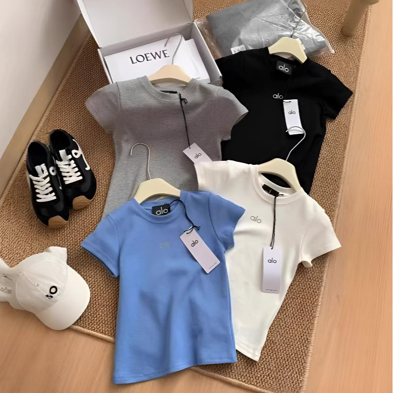 mimi独家alo辣妹小众短袖T恤女圆领修身正肩健身训练运动上衣女