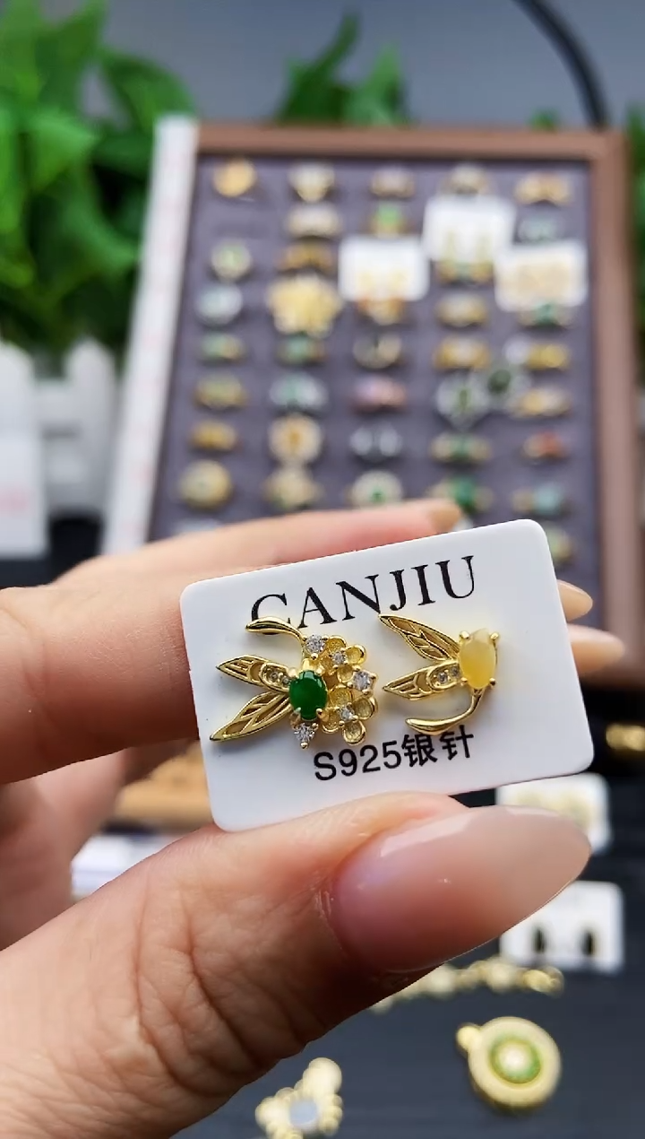 银S925镶嵌翡翠耳饰12