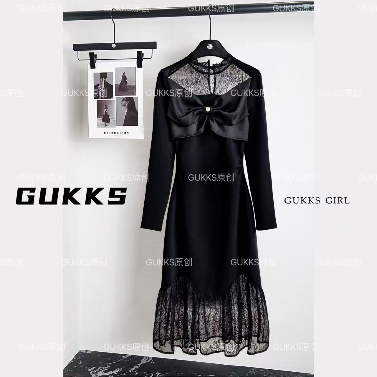 GUKKS/秋装蝴蝶结蕾丝拼接长袖显瘦宫廷风黑色连衣裙GK810
