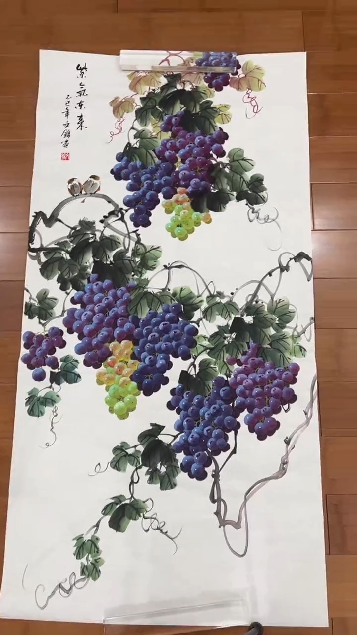 国画【福利，纯手工手绘】张文锦葡萄竖版138*68厘米