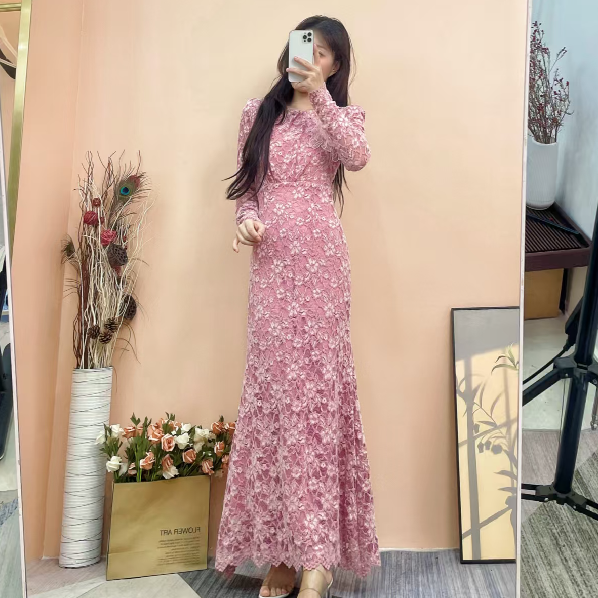 [依易原创]气质轻奢高定镂空蕾丝立体花朵刺绣修身连衣裙A0514