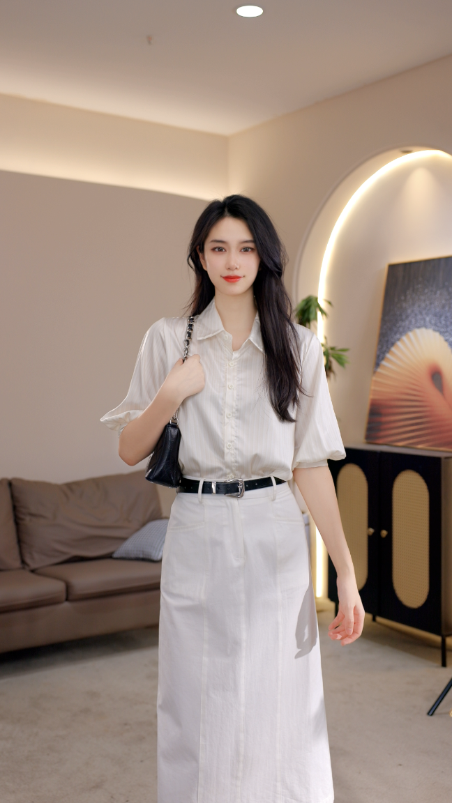 QH80513今年流行杏色条纹灯笼袖夏季高级轻奢减龄洋气七分袖衬衣