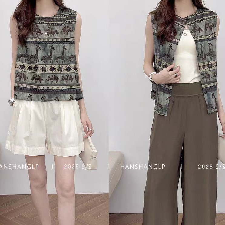 2580款圆领复古印花后背单排扣无袖背心马甲两穿