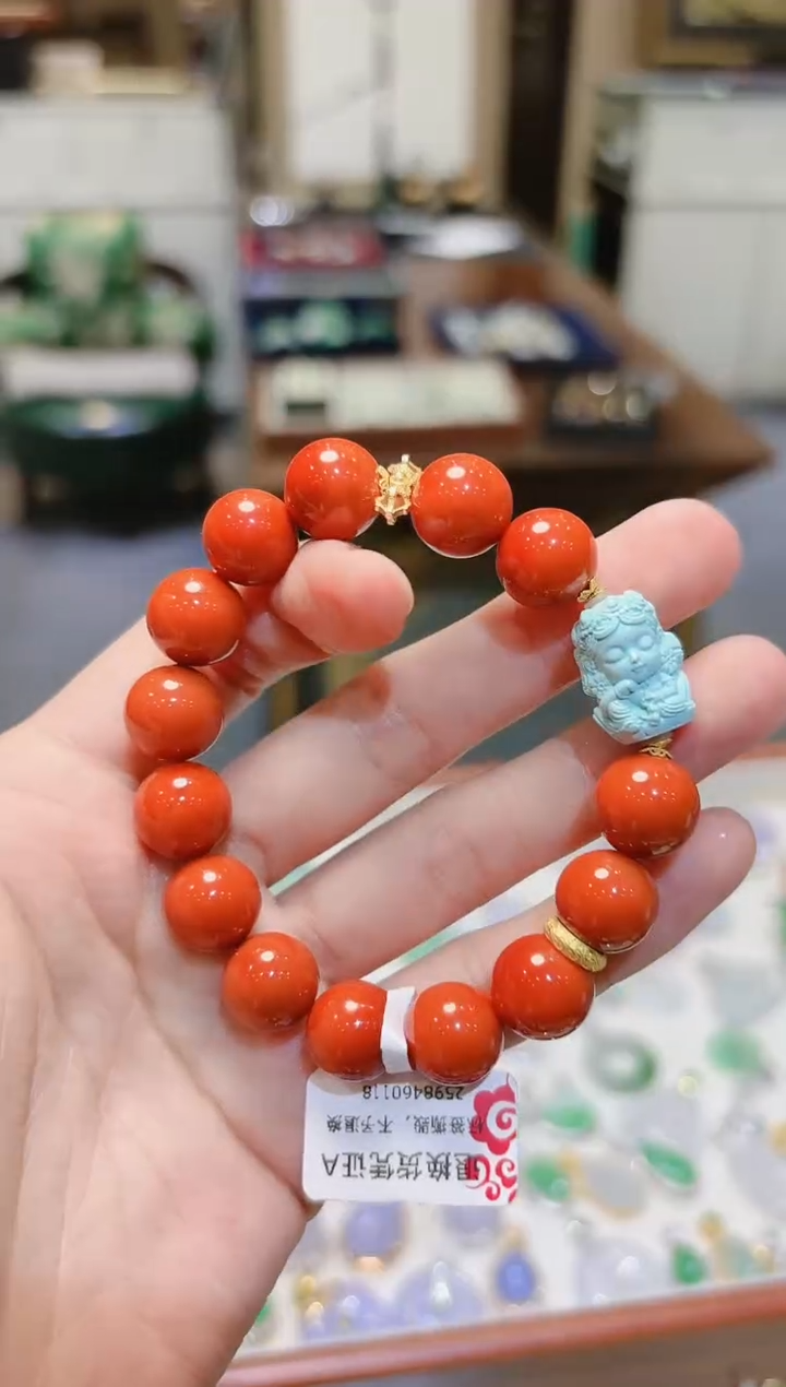 【闪购商品】南红玛瑙手串18K金镶嵌绿松度母南红手串