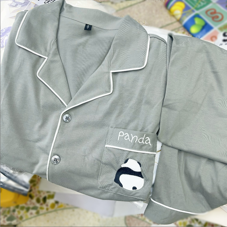 【B153】精梳棉男士秋冬款加厚棉绿灰色熊猫刺绣长袖长裤睡衣家居服