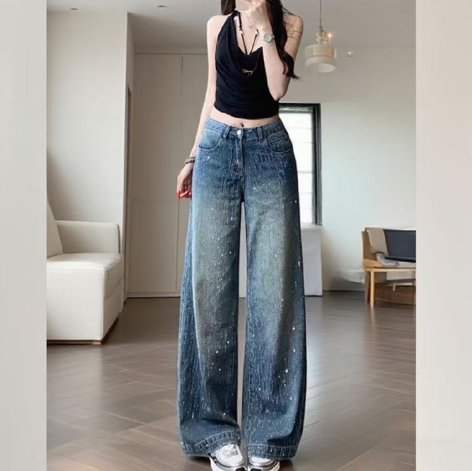 B2027新款重工烫钻牛仔满天星阔腿裤百搭休闲时尚韩版设计感韩版