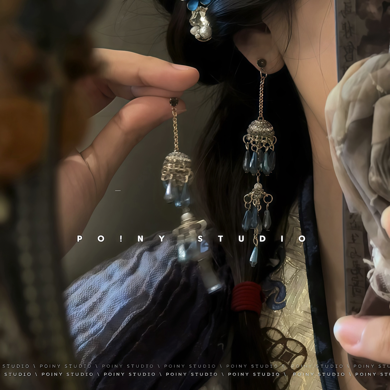 铜合金玻璃耳饰 复古流苏耳环精致高级感气质长款水滴耳坠耳夹