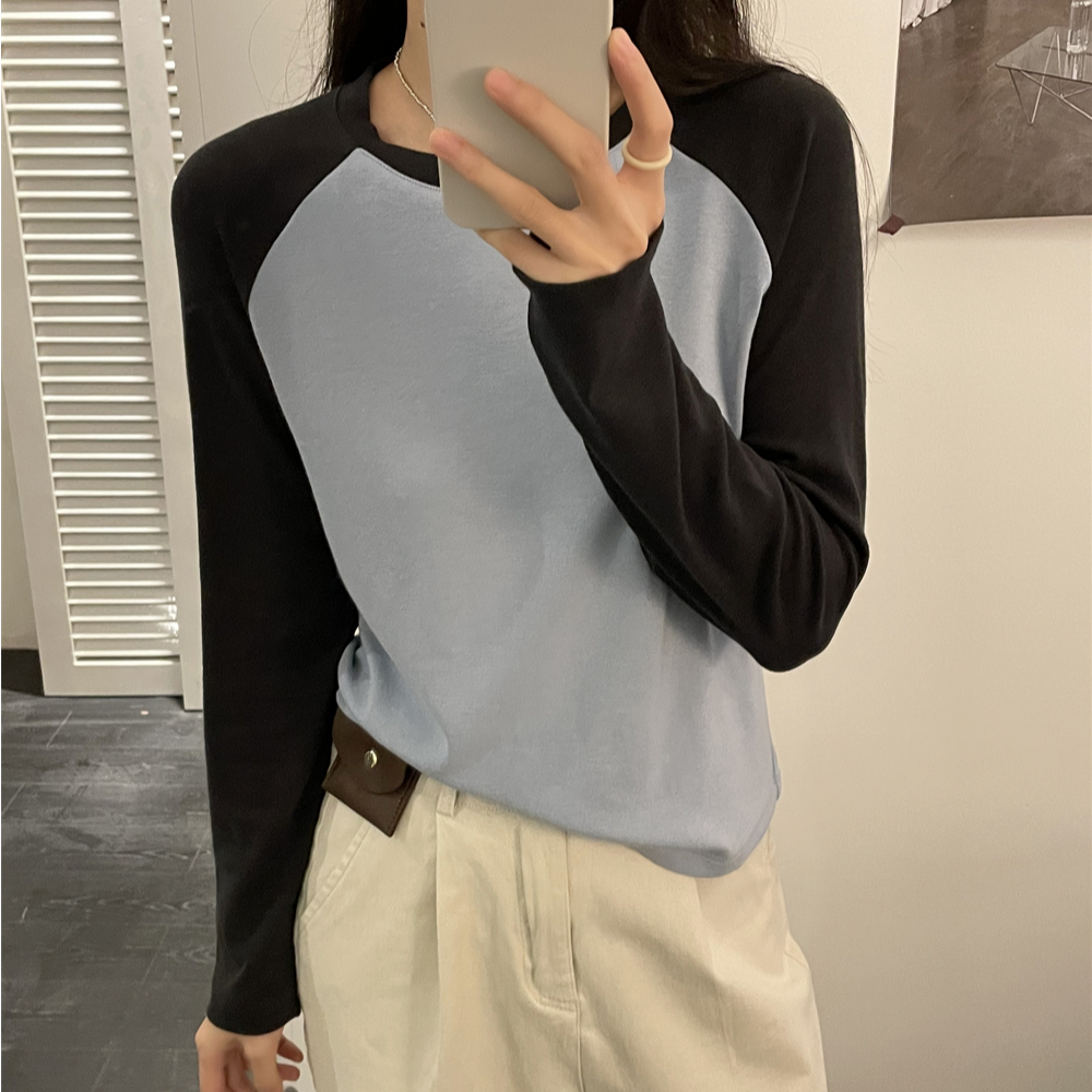 「巨柔软 雅舒棉」撞色插肩袖打底衫 秋冬韩版百搭宽松显瘦T恤T073