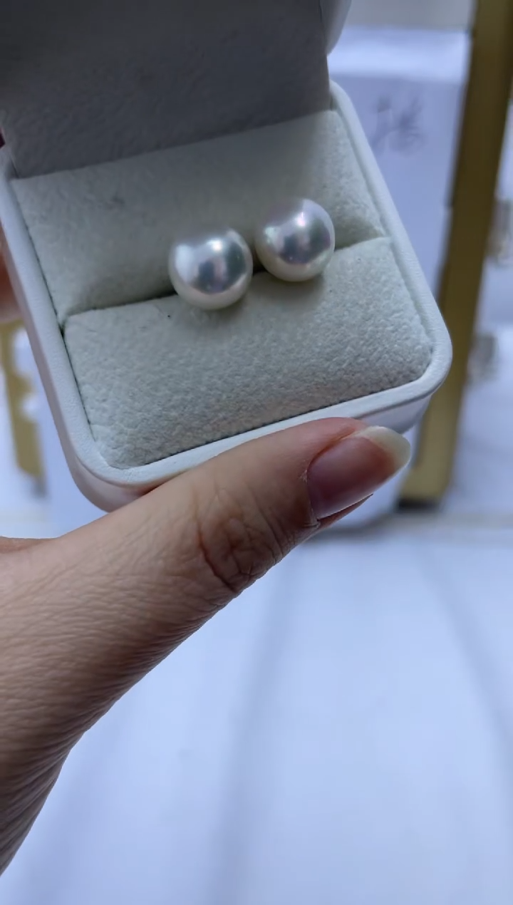 银S925镶嵌耳饰淡水珍珠素钉10-11