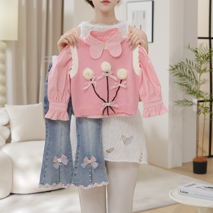 2025女童秋季新款粉色花朵衬衫针织衫上衣牛仔微辣裤套装QA30666