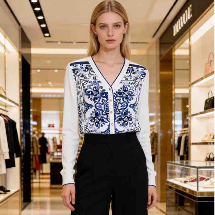 2025秋【青花缠绕】AW  25318  桑蚕丝印花拼接绢丝羊毛上衣