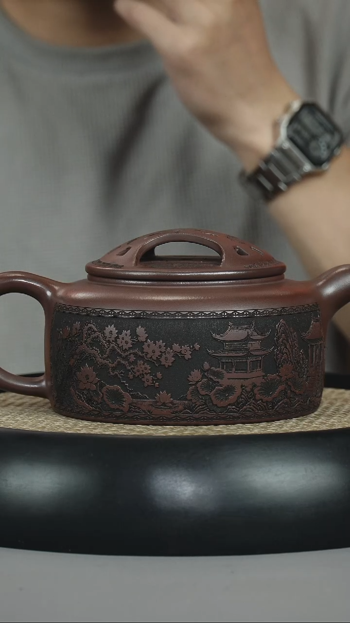 茶壶紫砂石红 牛盖莲子 