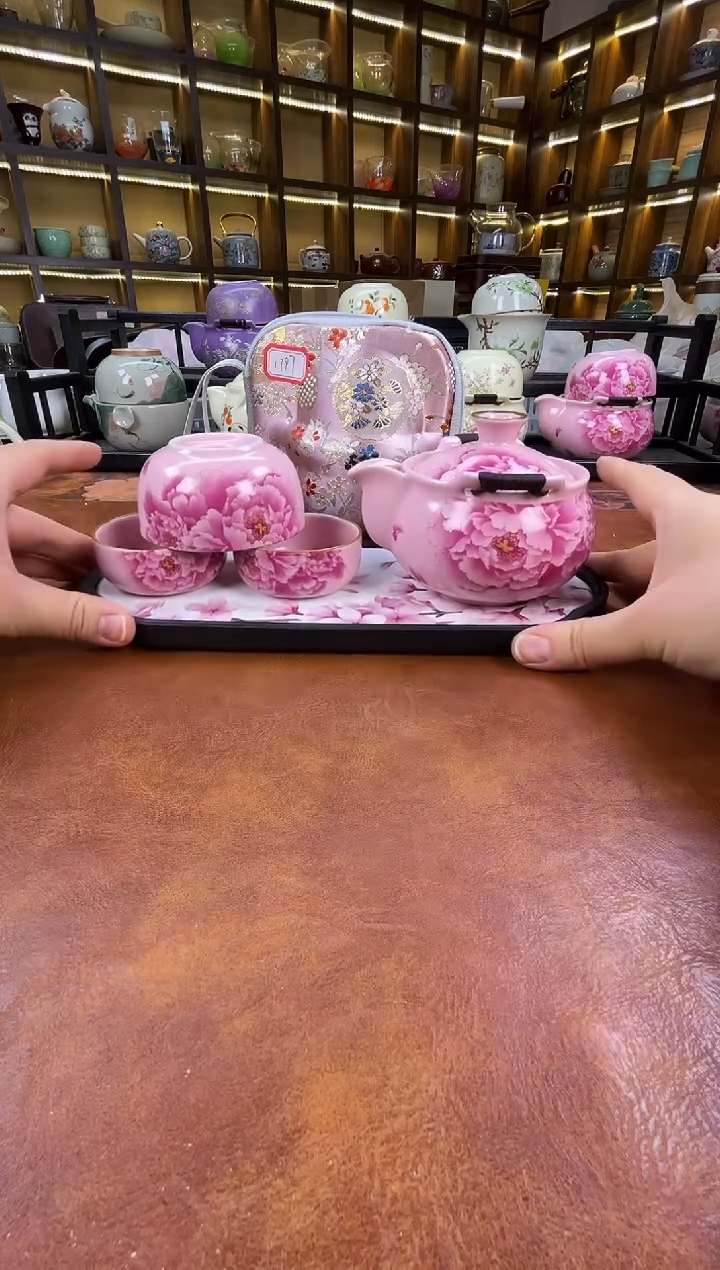 瓷片新款粉色牡丹宝瓶+长方粉色花朵盘