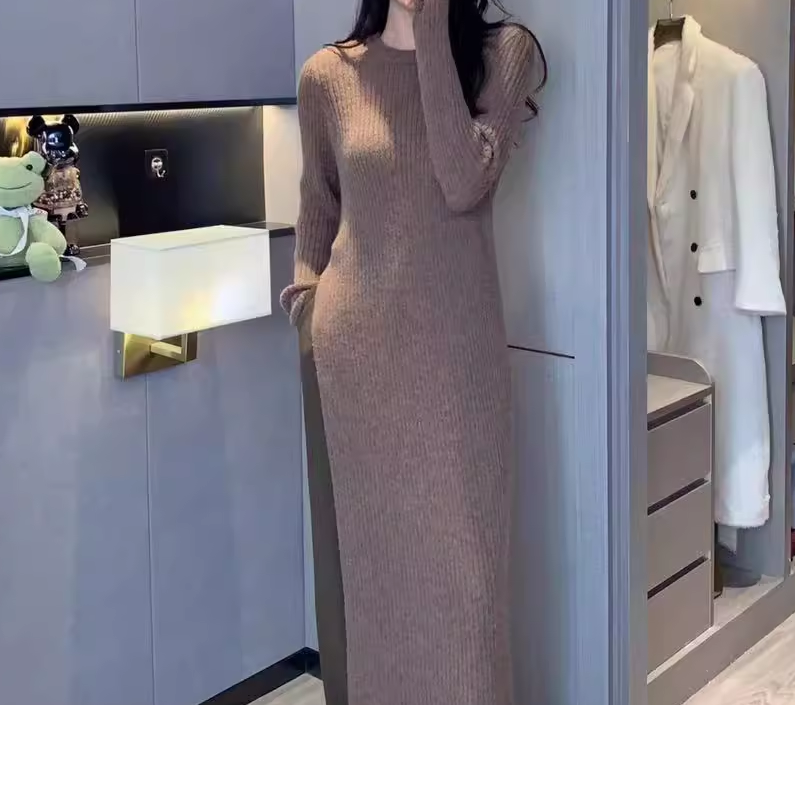 Garbociaga龍喜儿  焦糖布丁 开叉针织长裙圆领打底连衣裙女0253