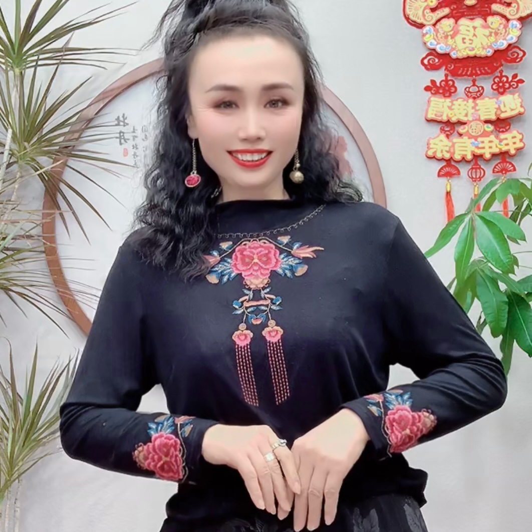 （衣长61左右）女装国风长袖t恤女春季新款绣花上衣打底衫2581
