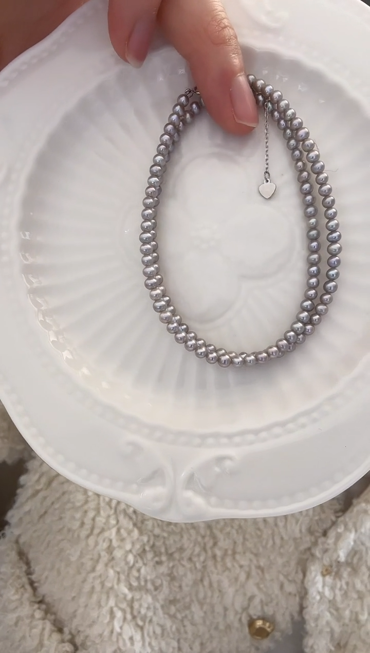 颈饰银S925镶嵌淡水珍珠铂金灰 3-4  极光油亮无瑕