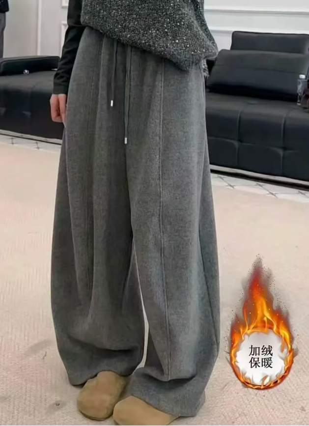 冬季新款韩版加绒加厚毛呢松紧腰抽绳弯刀裤长裤