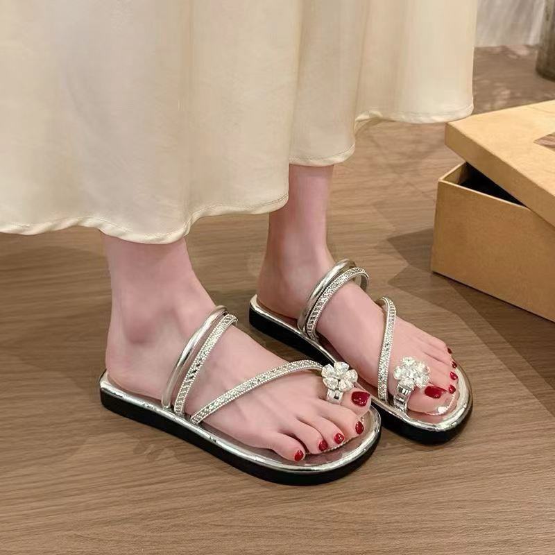 小敏家 水钻平底拖鞋女夏季外穿 时尚凉拖鞋仙女温柔配裙子沙滩鞋