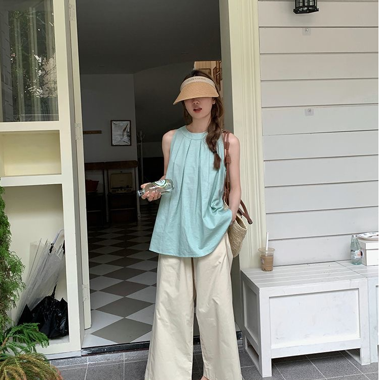 编号对应衣服 夏季独特别致绿色挂脖复古褶皱宽松无袖背心