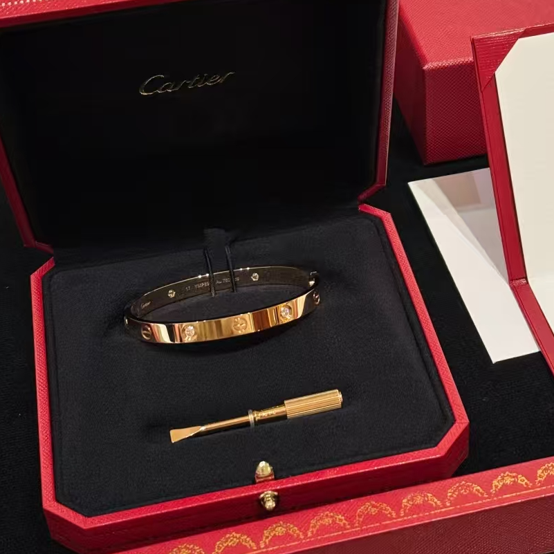 99新 Cartier/卡地亚 Love系列18k四钻宽版手镯 玫瑰金17号