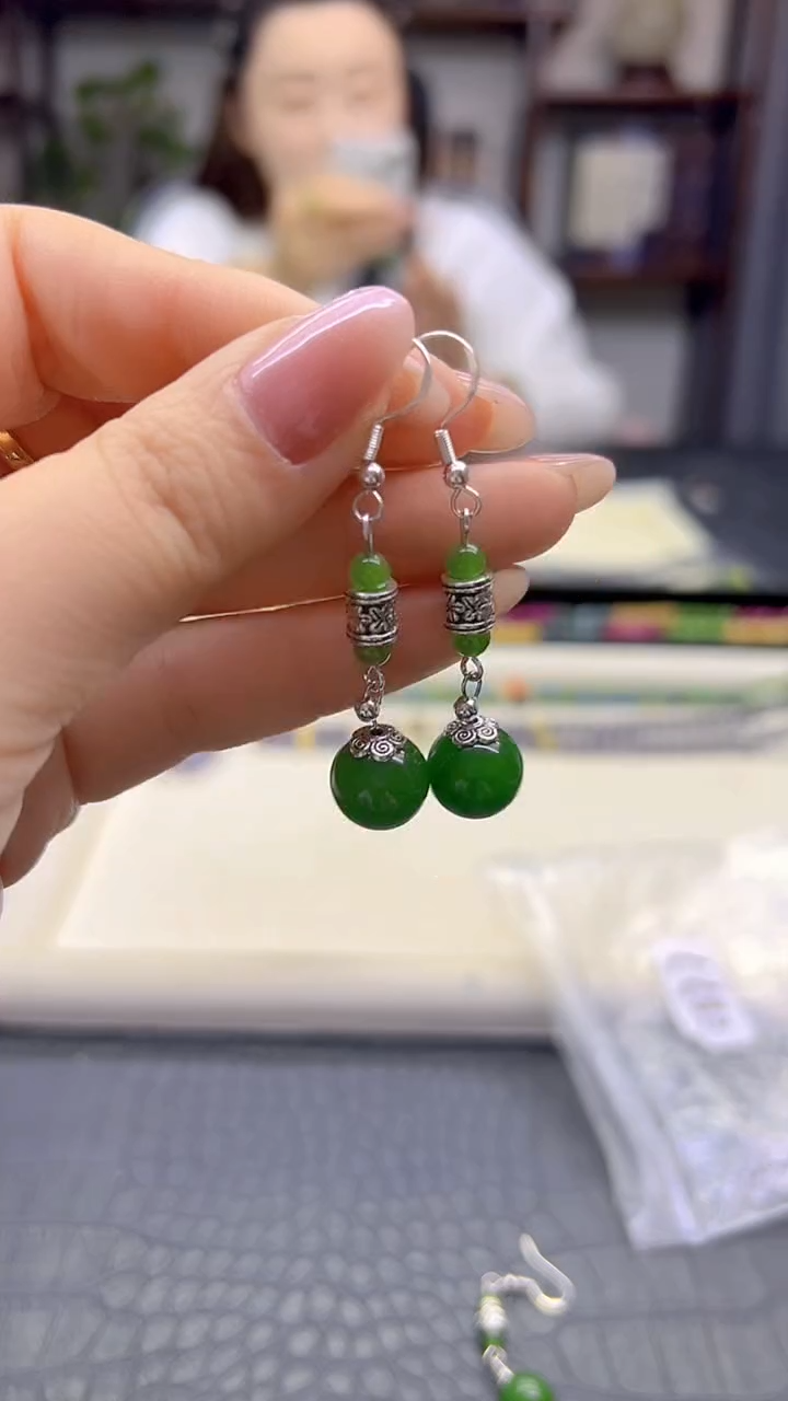银S925镶嵌和田玉耳饰DIY款E877