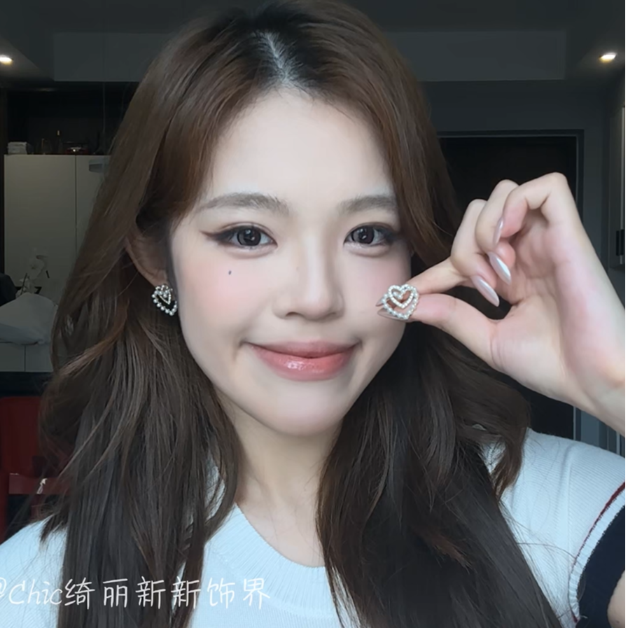 合金亚克力耳饰 简约时尚珍珠双层爱心耳钉女独特气质桃心耳钉商品图