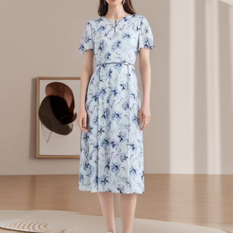 【899连衣裙】薇乐碎花显瘦气质蓝色时尚夏季印花优雅女士复古