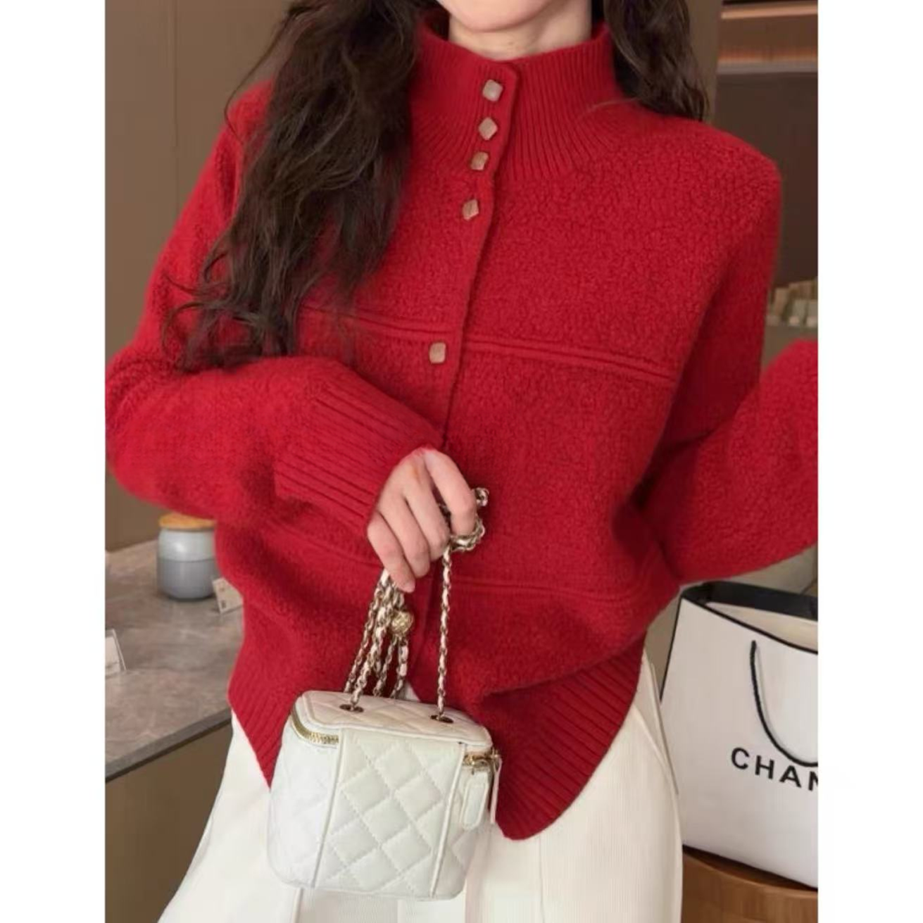 丽姐家~圈圈纱小木扣显瘦气质针织红色宽松加厚秋冬开衫上衣