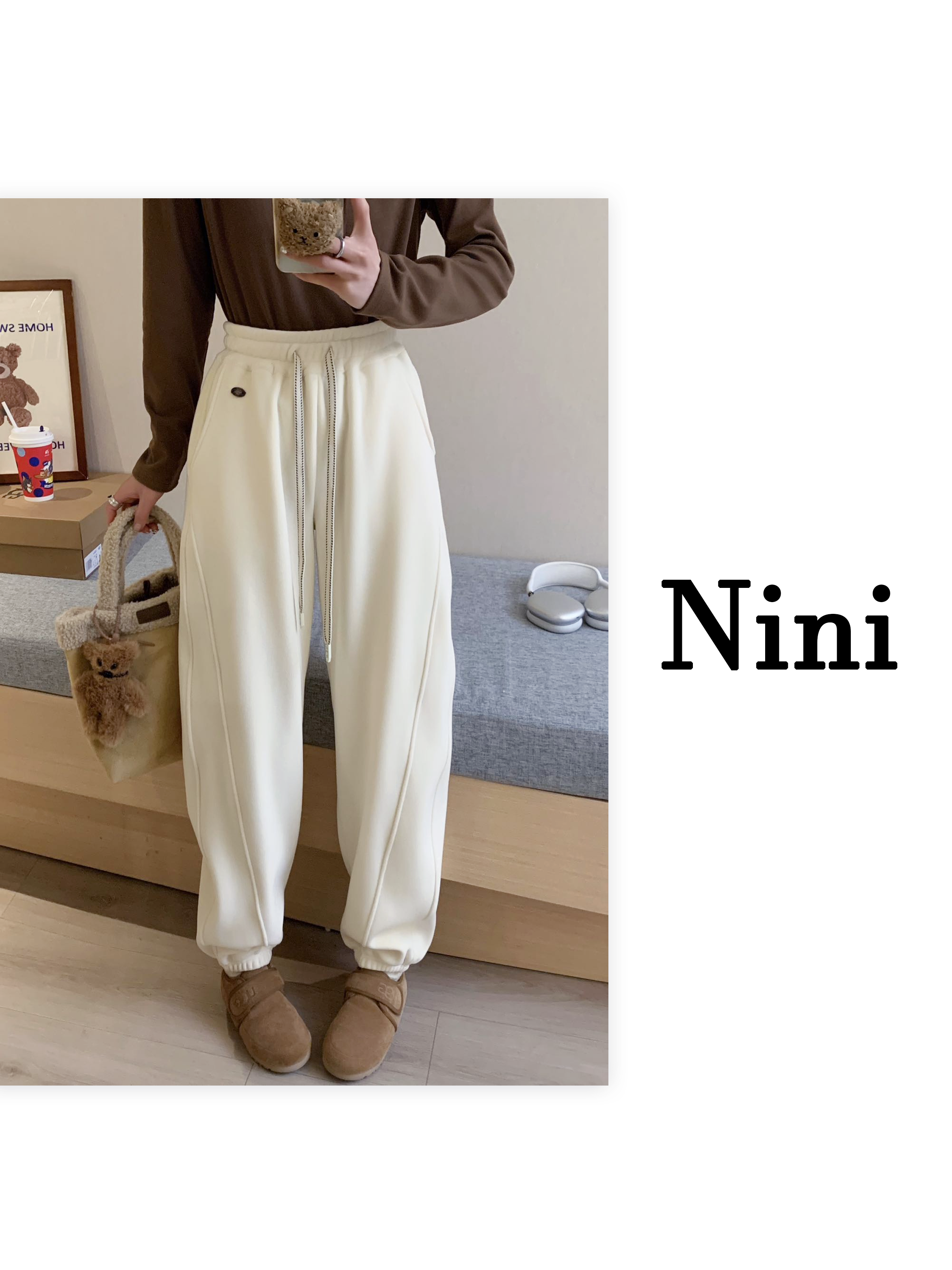 Nini 奥利绒拼接卫裤加绒加厚高腰直筒休闲百搭冬季宽松潮流纯色