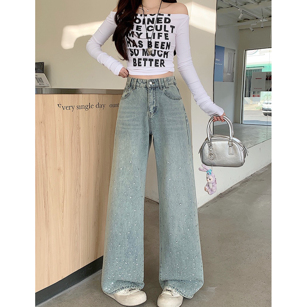 高级感烫钻蓝色牛仔直筒裤女春季大码胖妹妹爆款气质显瘦宽松裤子