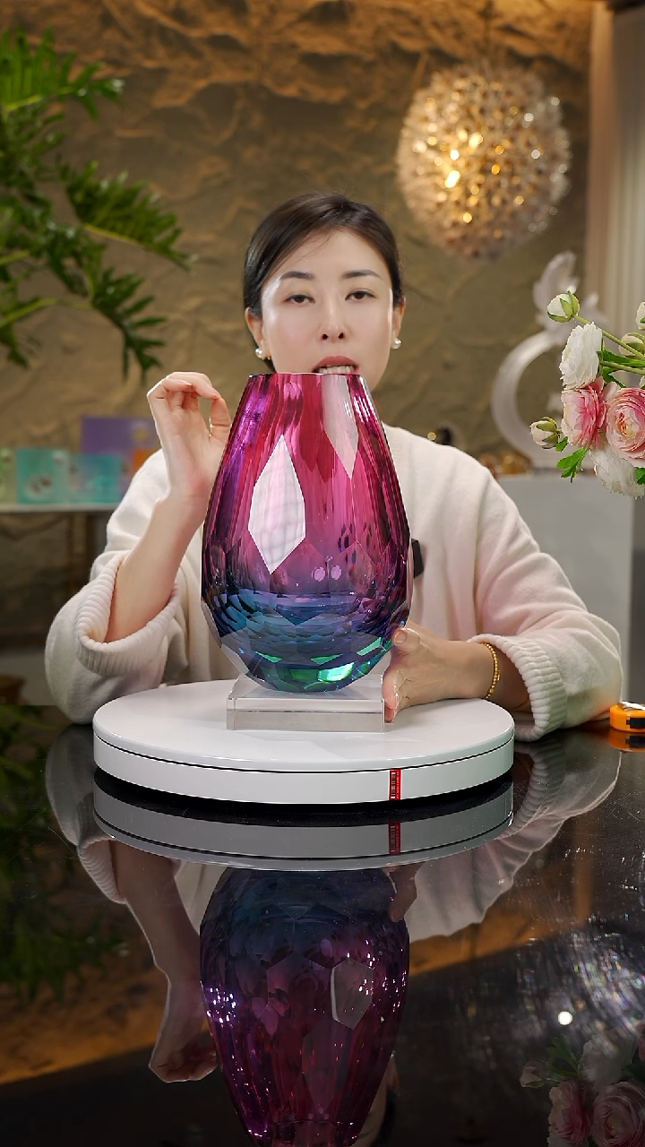 【闪购商品】瓷片钻石切割金红蓝花器（送底座）